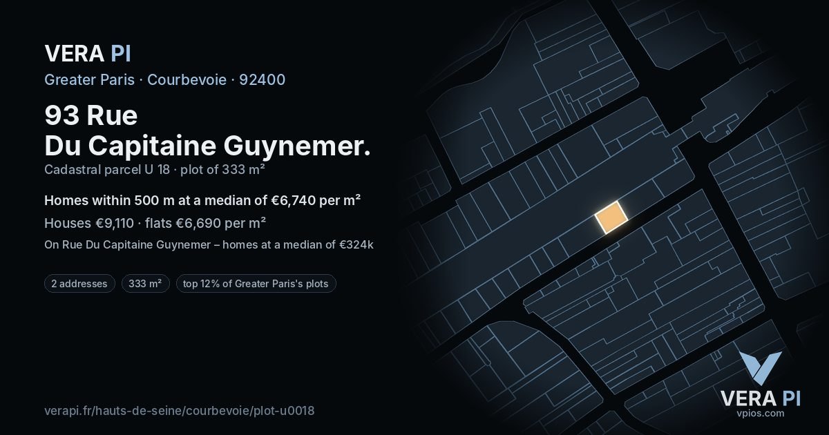 93 Rue Du Capitaine Guynemer, Courbevoie at night – the plot lit, the parcels around coloured by the prices near them