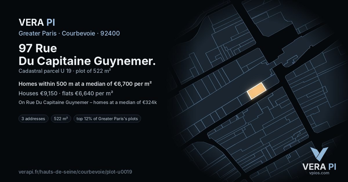 97 Rue Du Capitaine Guynemer, Courbevoie at night – the plot lit, the parcels around coloured by the prices near them