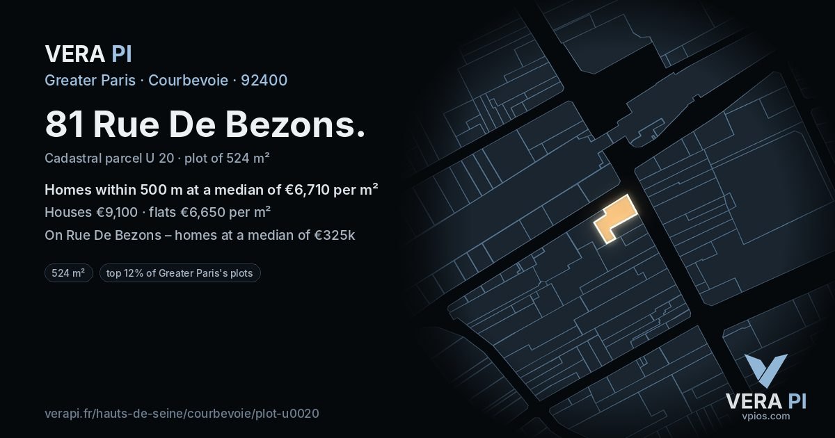 81 Rue De Bezons, Courbevoie at night – the plot lit, the parcels around coloured by the prices near them