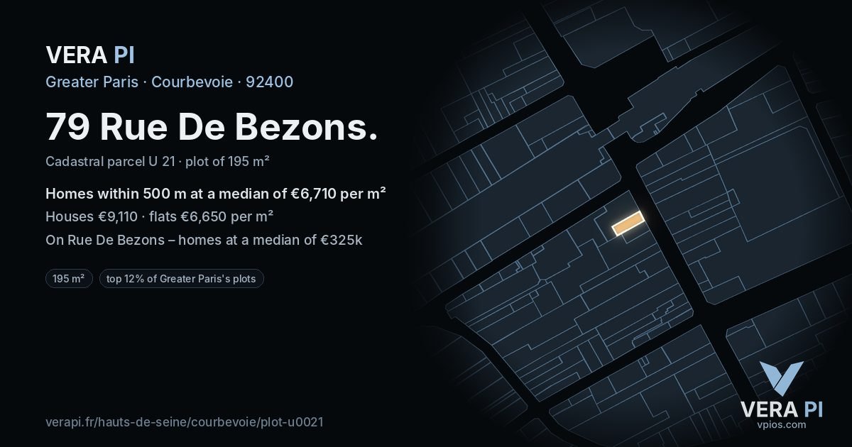 79 Rue De Bezons, Courbevoie at night – the plot lit, the parcels around coloured by the prices near them
