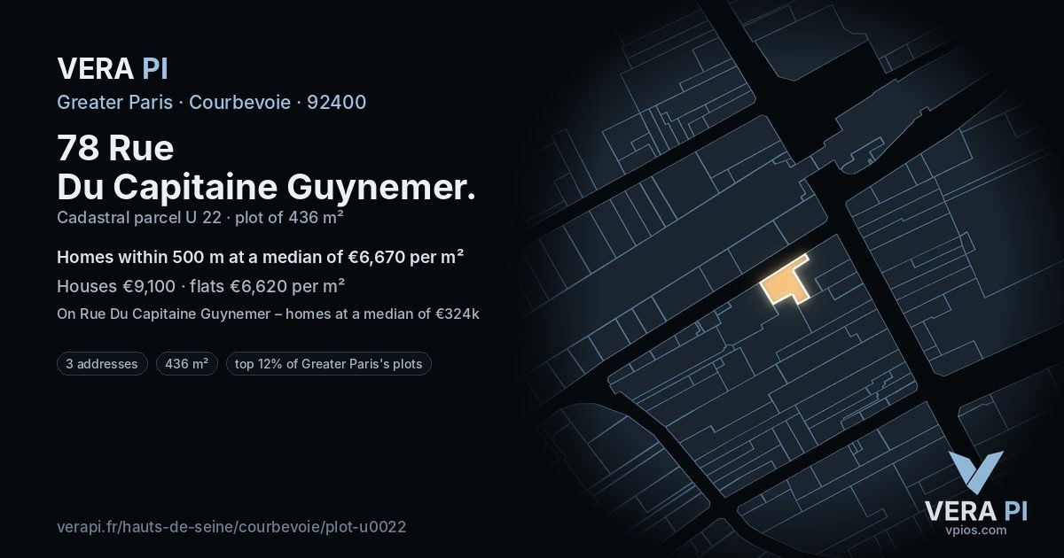 78 Rue Du Capitaine Guynemer, Courbevoie at night – the plot lit, the parcels around coloured by the prices near them