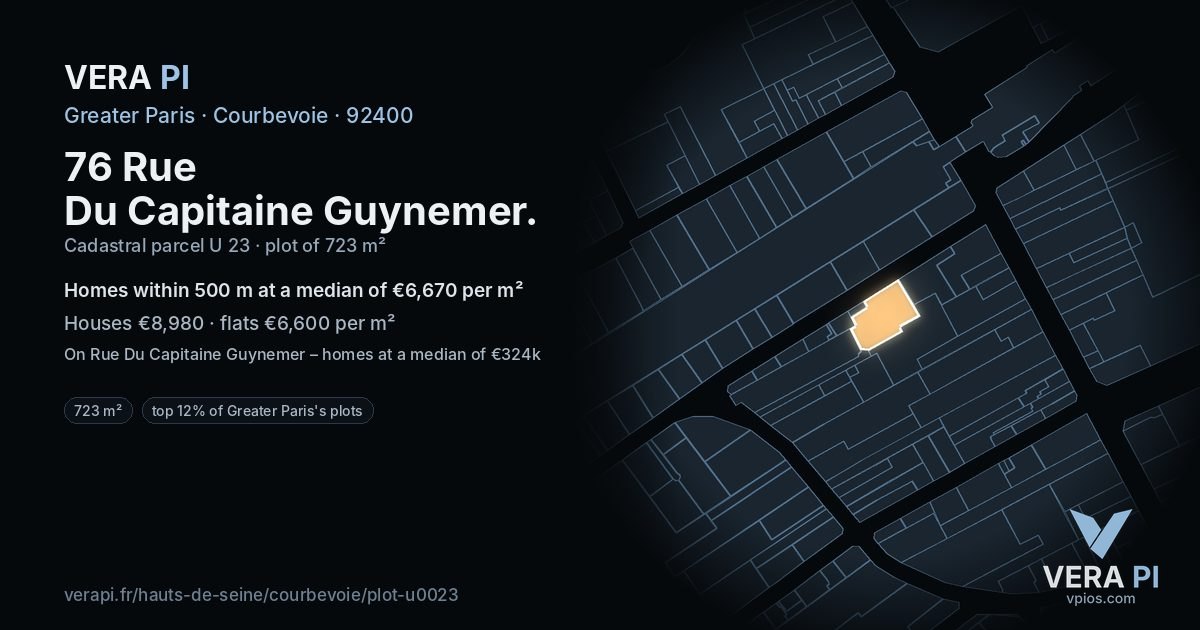 76 Rue Du Capitaine Guynemer, Courbevoie at night – the plot lit, the parcels around coloured by the prices near them
