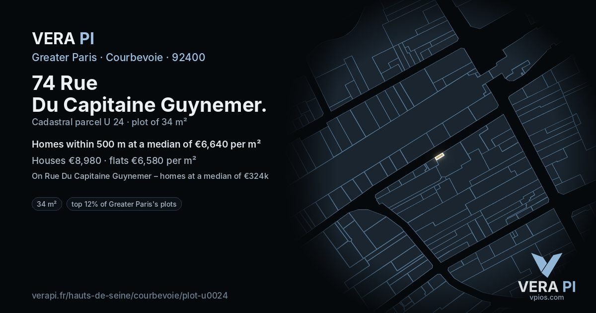 74 Rue Du Capitaine Guynemer, Courbevoie at night – the plot lit, the parcels around coloured by the prices near them