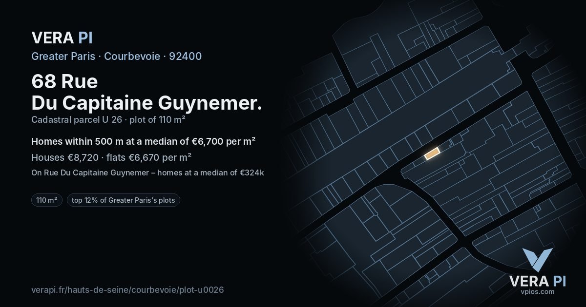 68 Rue Du Capitaine Guynemer, Courbevoie at night – the plot lit, the parcels around coloured by the prices near them