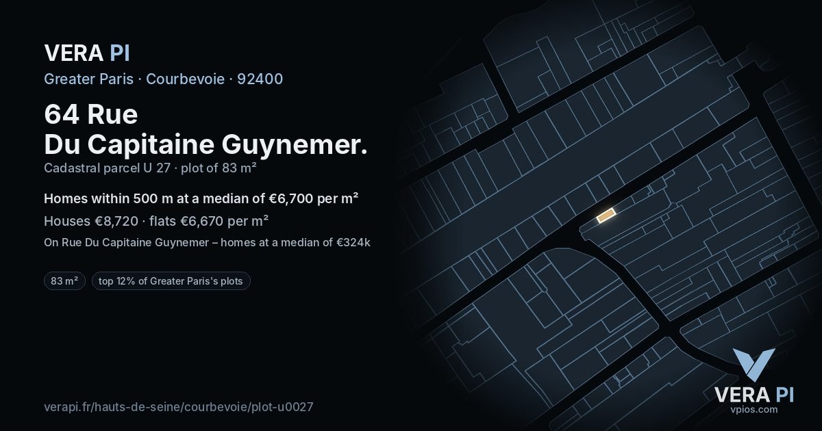 64 Rue Du Capitaine Guynemer, Courbevoie at night – the plot lit, the parcels around coloured by the prices near them