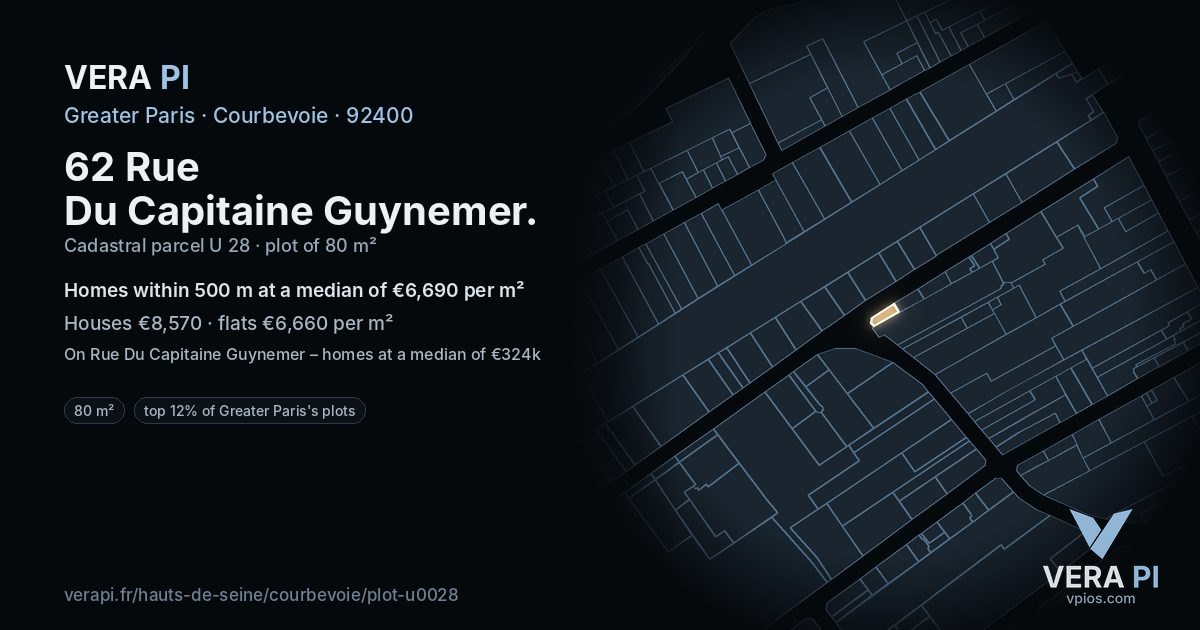 62 Rue Du Capitaine Guynemer, Courbevoie at night – the plot lit, the parcels around coloured by the prices near them