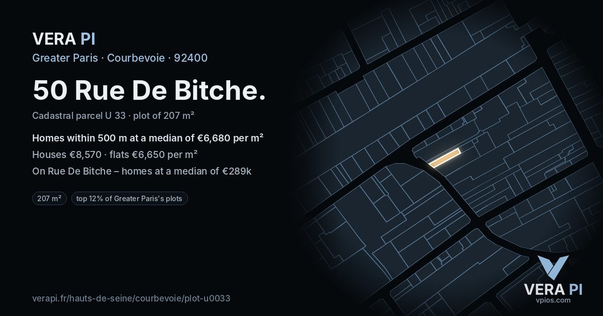 50 Rue De Bitche, Courbevoie at night – the plot lit, the parcels around coloured by the prices near them