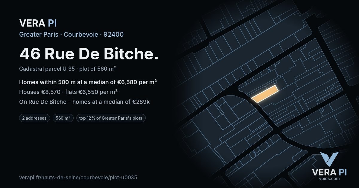 46 Rue De Bitche, Courbevoie at night – the plot lit, the parcels around coloured by the prices near them