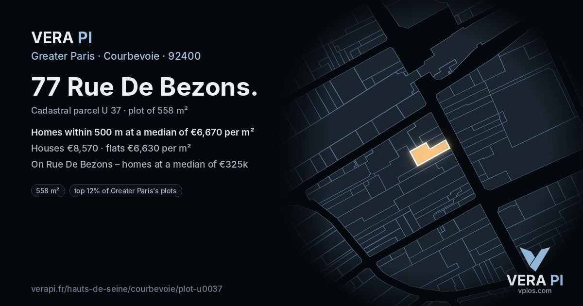 77 Rue De Bezons, Courbevoie at night – the plot lit, the parcels around coloured by the prices near them