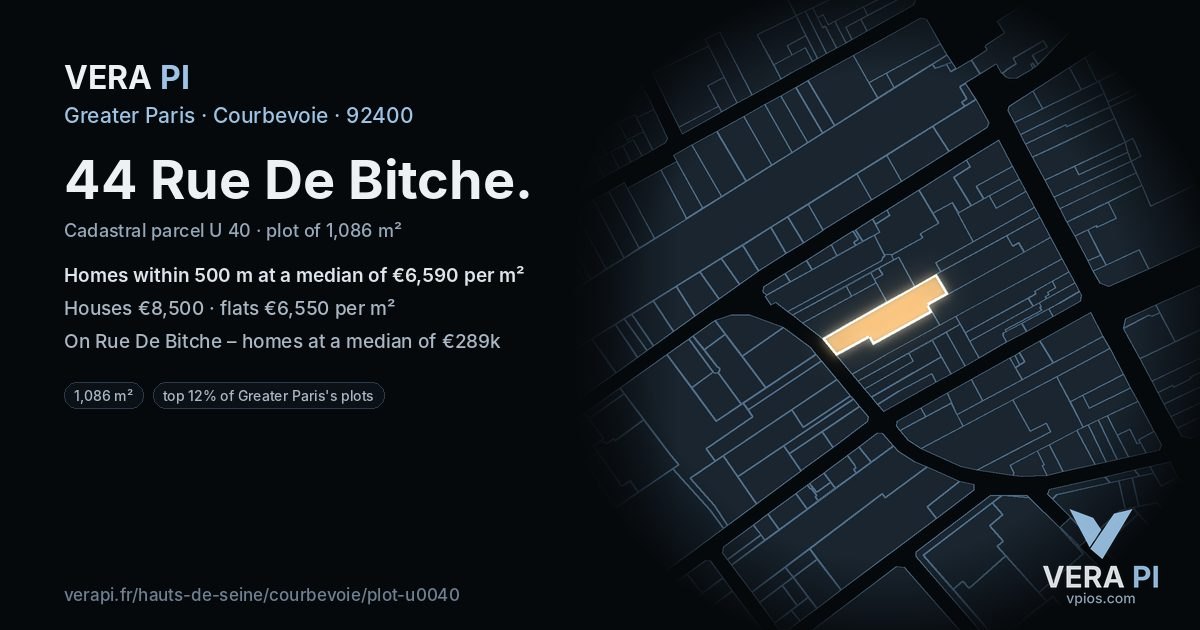 44 Rue De Bitche, Courbevoie at night – the plot lit, the parcels around coloured by the prices near them