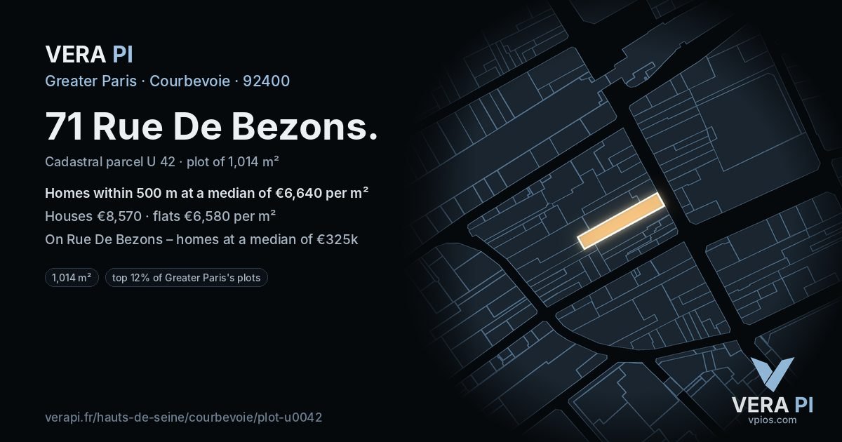 71 Rue De Bezons, Courbevoie at night – the plot lit, the parcels around coloured by the prices near them