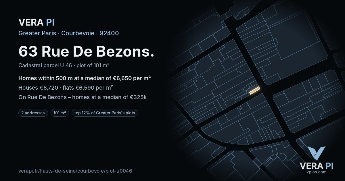 63 Rue De Bezons, Courbevoie at night – the plot lit, the parcels around coloured by the prices near them