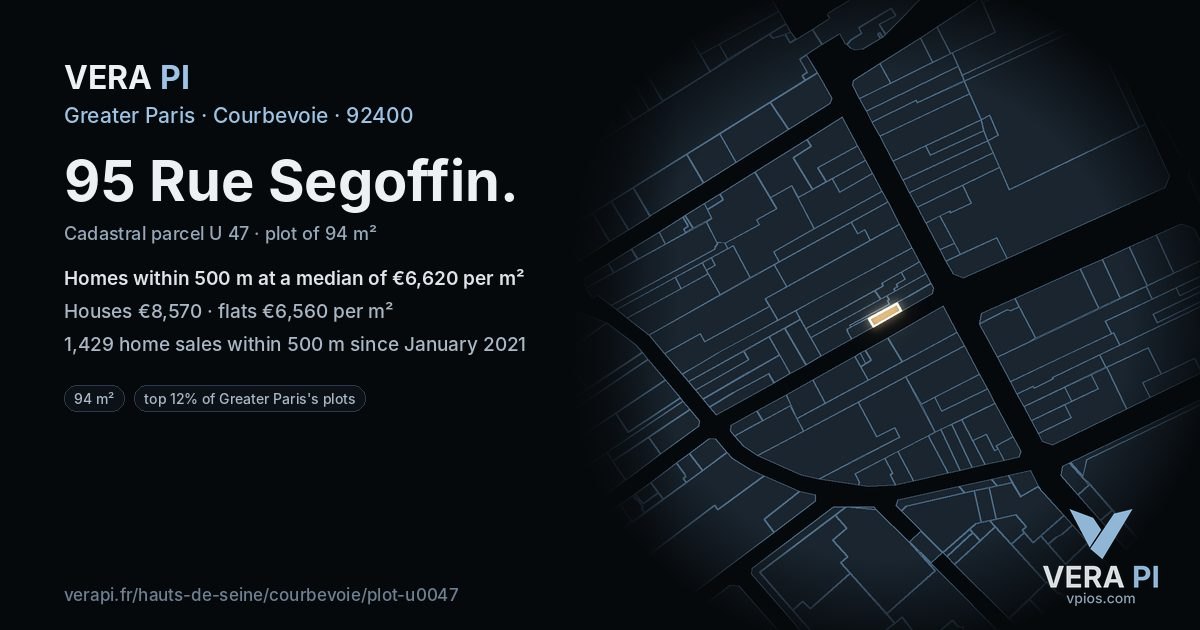 95 Rue Segoffin, Courbevoie at night – the plot lit, the parcels around coloured by the prices near them