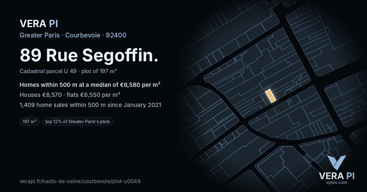 89 Rue Segoffin, Courbevoie at night – the plot lit, the parcels around coloured by the prices near them