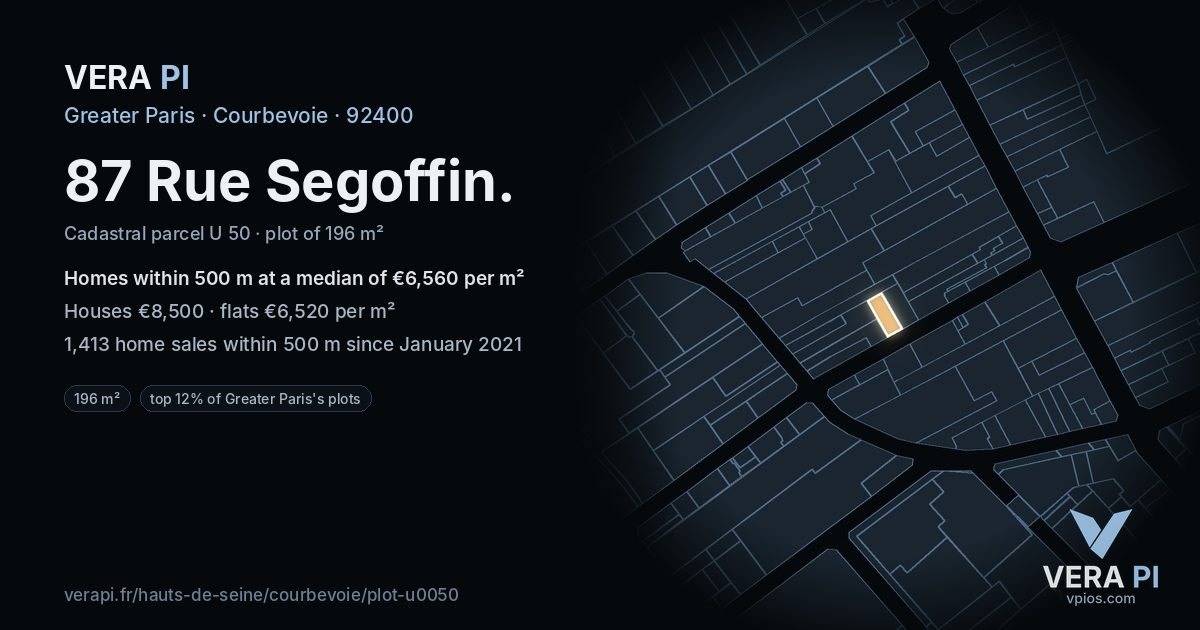 87 Rue Segoffin, Courbevoie at night – the plot lit, the parcels around coloured by the prices near them