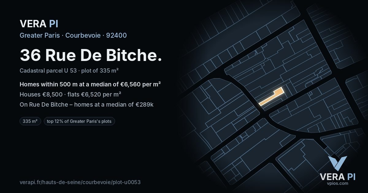 36 Rue De Bitche, Courbevoie at night – the plot lit, the parcels around coloured by the prices near them