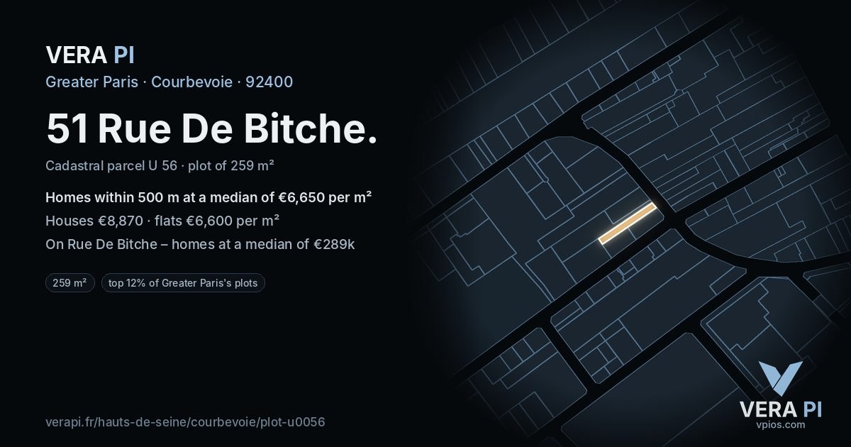 51 Rue De Bitche, Courbevoie at night – the plot lit, the parcels around coloured by the prices near them