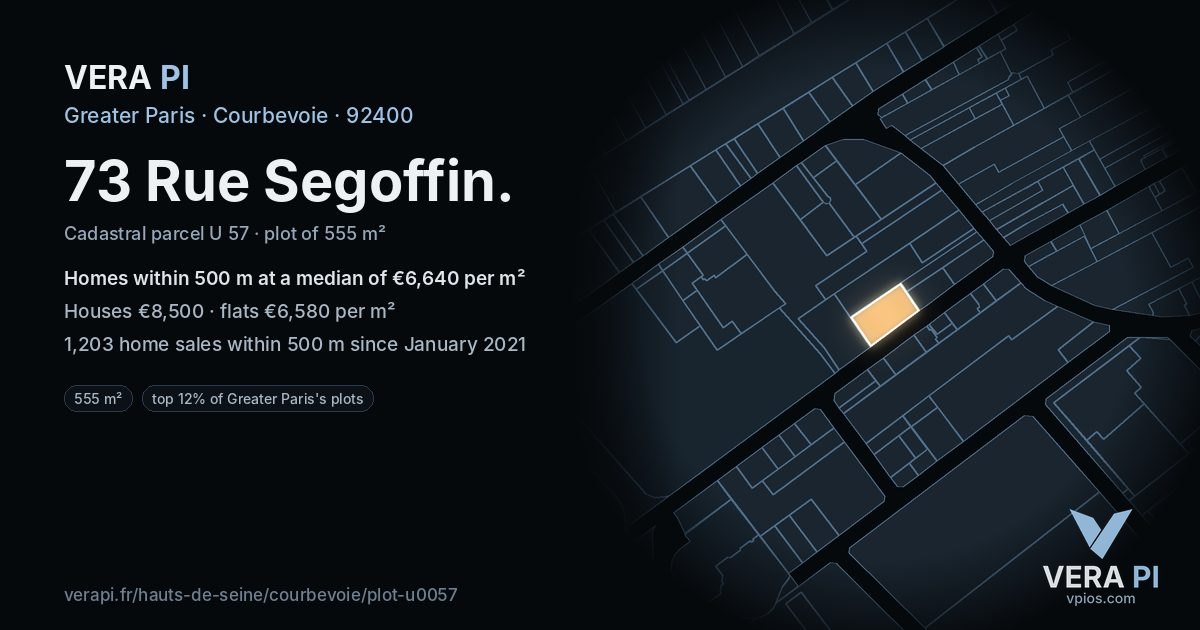 73 Rue Segoffin, Courbevoie at night – the plot lit, the parcels around coloured by the prices near them