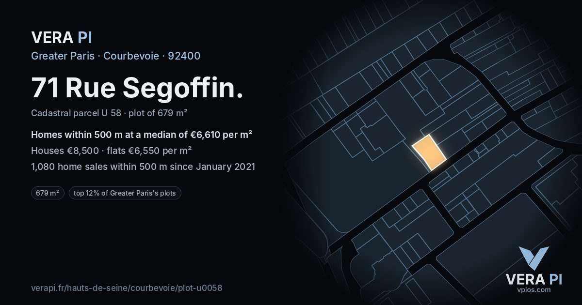 71 Rue Segoffin, Courbevoie at night – the plot lit, the parcels around coloured by the prices near them