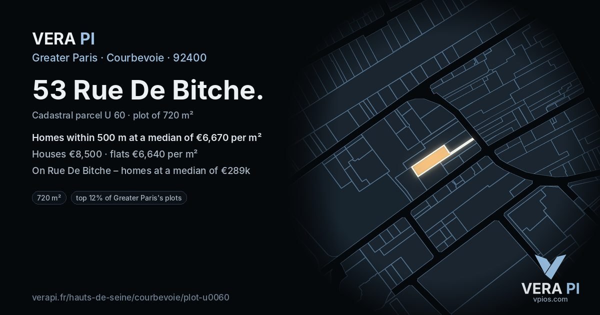 53 Rue De Bitche, Courbevoie at night – the plot lit, the parcels around coloured by the prices near them