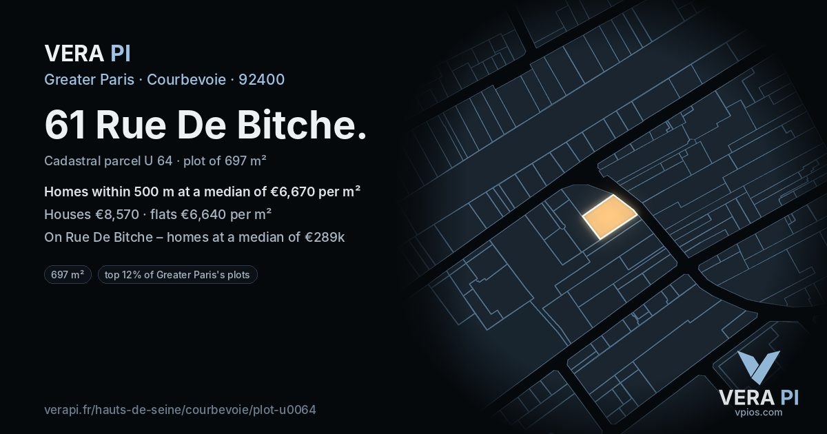 61 Rue De Bitche, Courbevoie at night – the plot lit, the parcels around coloured by the prices near them