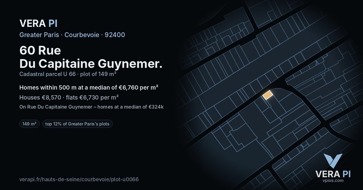 60 Rue Du Capitaine Guynemer, Courbevoie at night – the plot lit, the parcels around coloured by the prices near them