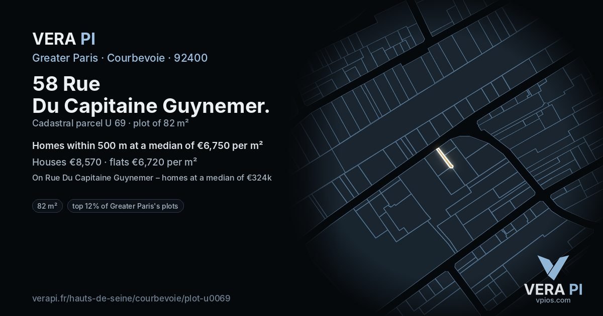 58 Rue Du Capitaine Guynemer, Courbevoie at night – the plot lit, the parcels around coloured by the prices near them