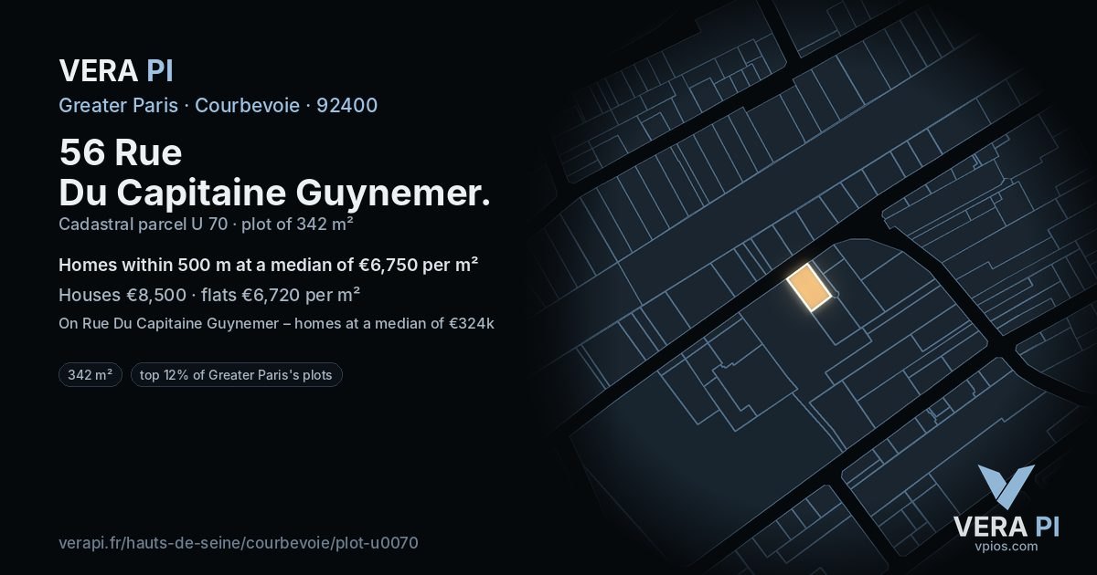 56 Rue Du Capitaine Guynemer, Courbevoie at night – the plot lit, the parcels around coloured by the prices near them