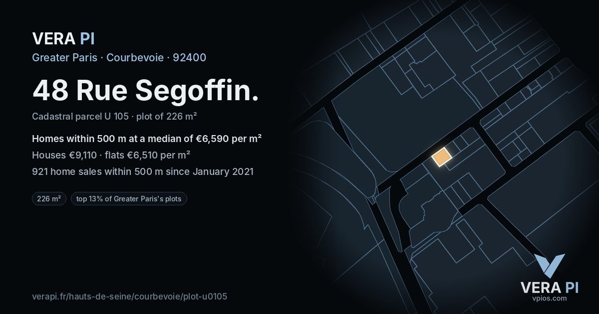 48 Rue Segoffin, Courbevoie at night – the plot lit, the parcels around coloured by the prices near them