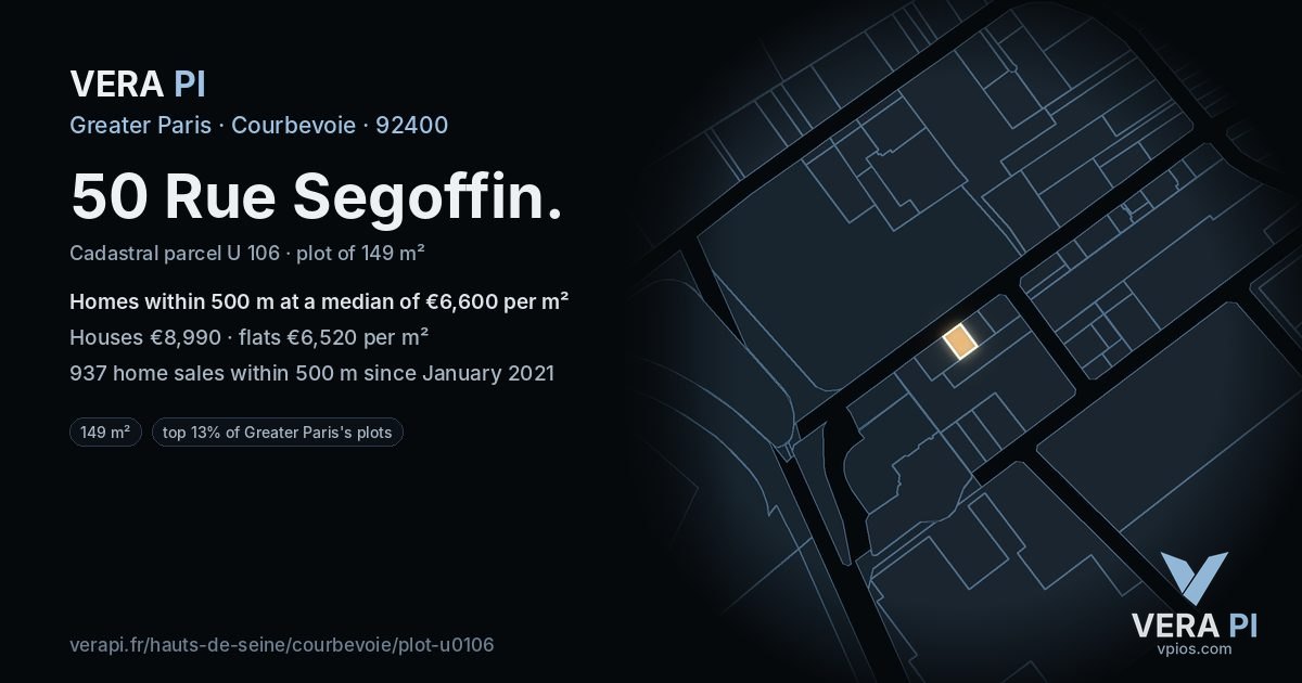 50 Rue Segoffin, Courbevoie at night – the plot lit, the parcels around coloured by the prices near them