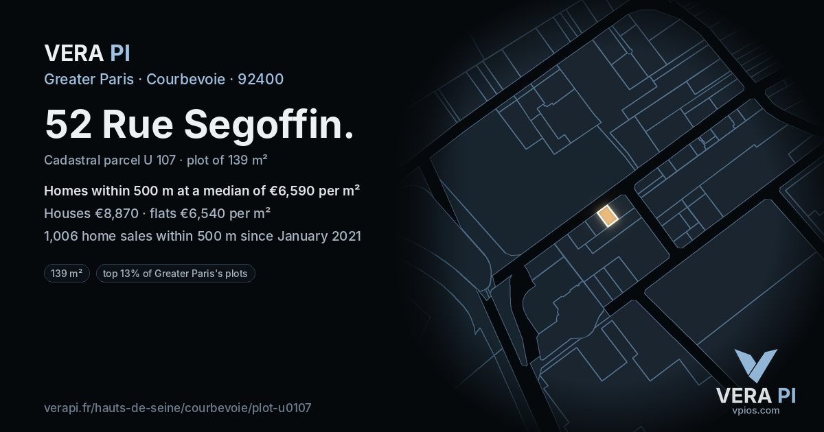 52 Rue Segoffin, Courbevoie at night – the plot lit, the parcels around coloured by the prices near them