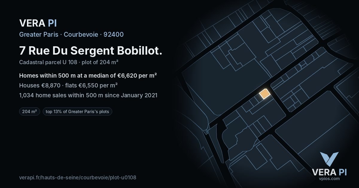 7 Rue Du Sergent Bobillot, Courbevoie at night – the plot lit, the parcels around coloured by the prices near them