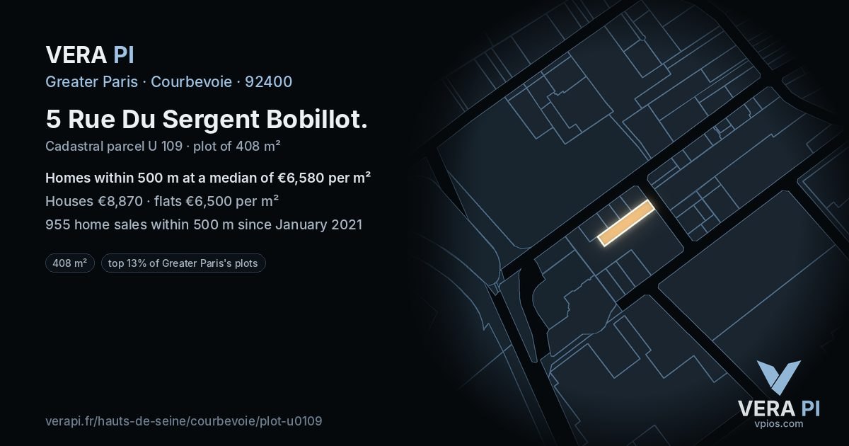 5 Rue Du Sergent Bobillot, Courbevoie at night – the plot lit, the parcels around coloured by the prices near them