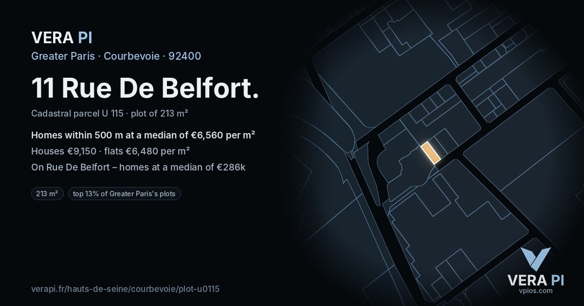 11 Rue De Belfort, Courbevoie at night – the plot lit, the parcels around coloured by the prices near them