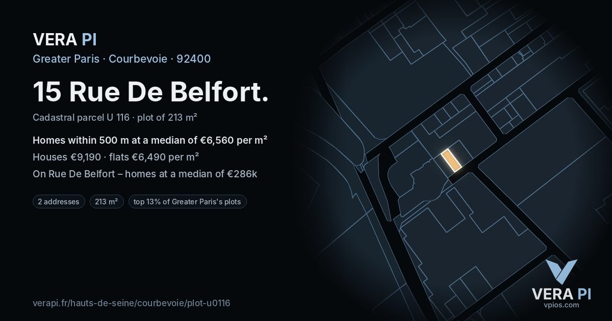 15 Rue De Belfort, Courbevoie at night – the plot lit, the parcels around coloured by the prices near them