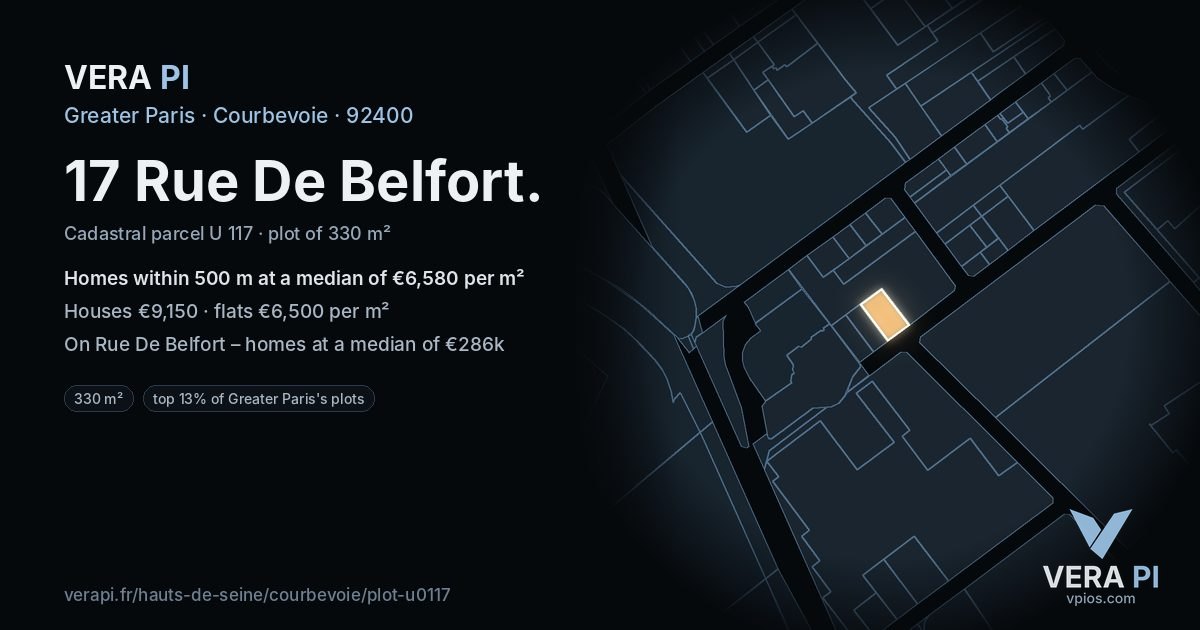 17 Rue De Belfort, Courbevoie at night – the plot lit, the parcels around coloured by the prices near them