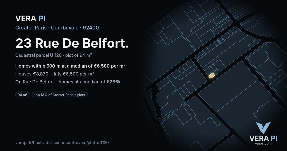 23 Rue De Belfort, Courbevoie at night – the plot lit, the parcels around coloured by the prices near them