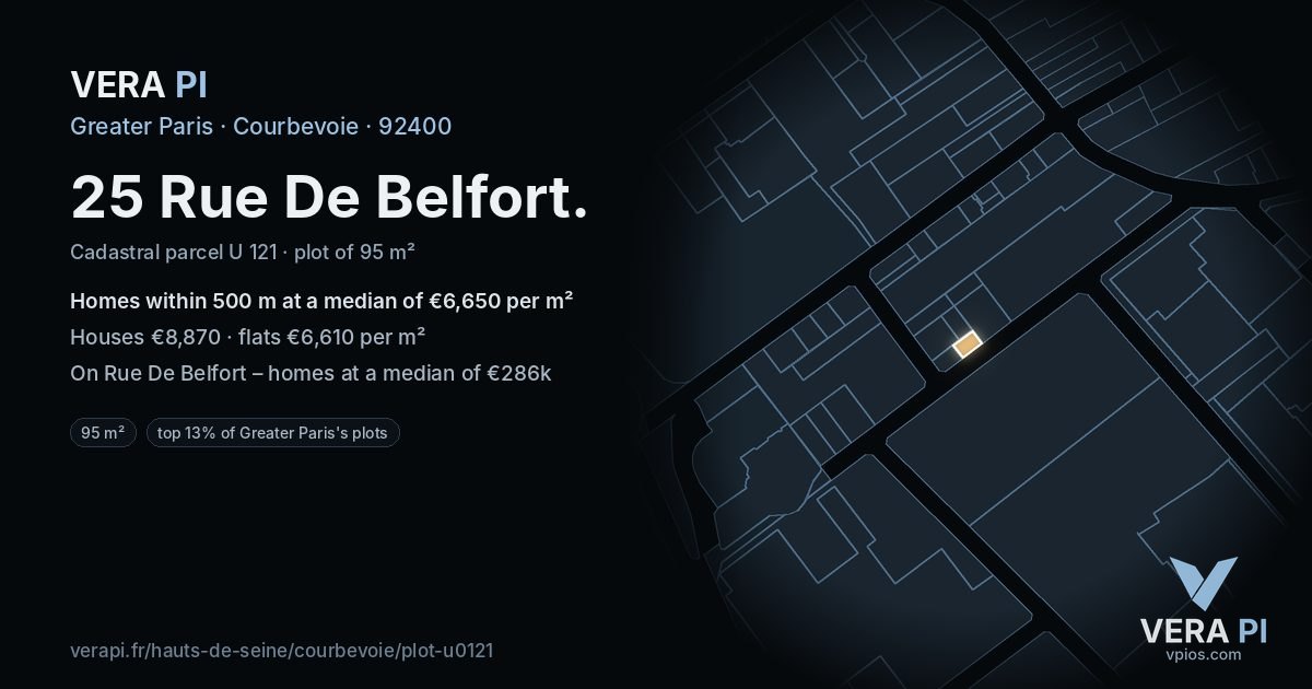 25 Rue De Belfort, Courbevoie at night – the plot lit, the parcels around coloured by the prices near them