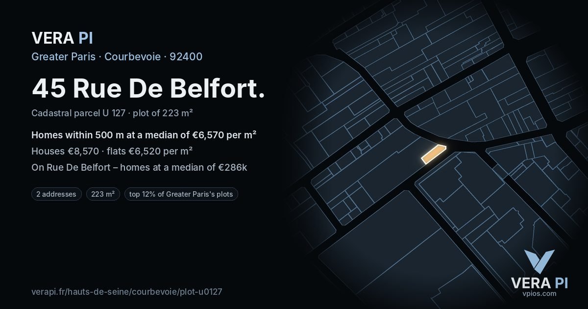 45 Rue De Belfort, Courbevoie at night – the plot lit, the parcels around coloured by the prices near them