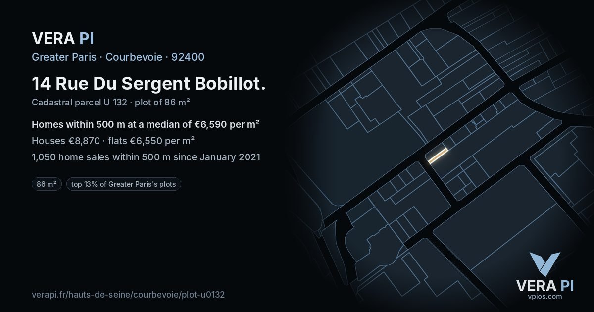 14 Rue Du Sergent Bobillot, Courbevoie at night – the plot lit, the parcels around coloured by the prices near them