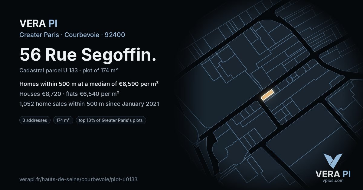 56 Rue Segoffin, Courbevoie at night – the plot lit, the parcels around coloured by the prices near them