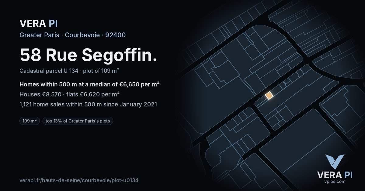 58 Rue Segoffin, Courbevoie at night – the plot lit, the parcels around coloured by the prices near them