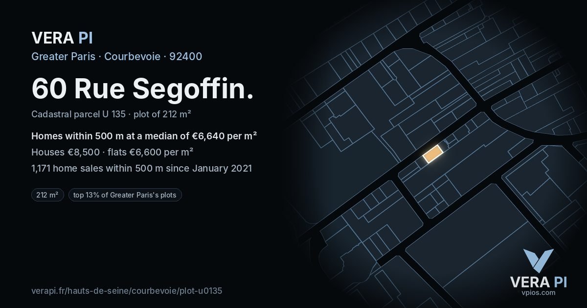 60 Rue Segoffin, Courbevoie at night – the plot lit, the parcels around coloured by the prices near them