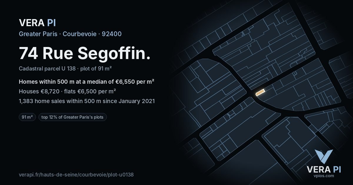 74 Rue Segoffin, Courbevoie at night – the plot lit, the parcels around coloured by the prices near them