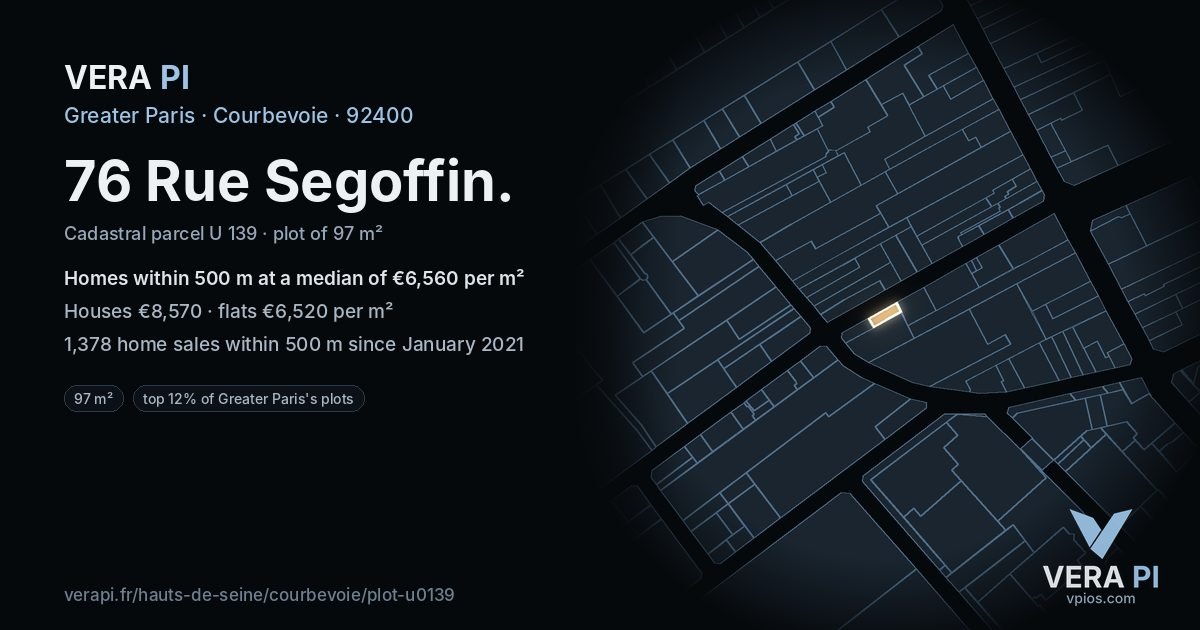 76 Rue Segoffin, Courbevoie at night – the plot lit, the parcels around coloured by the prices near them