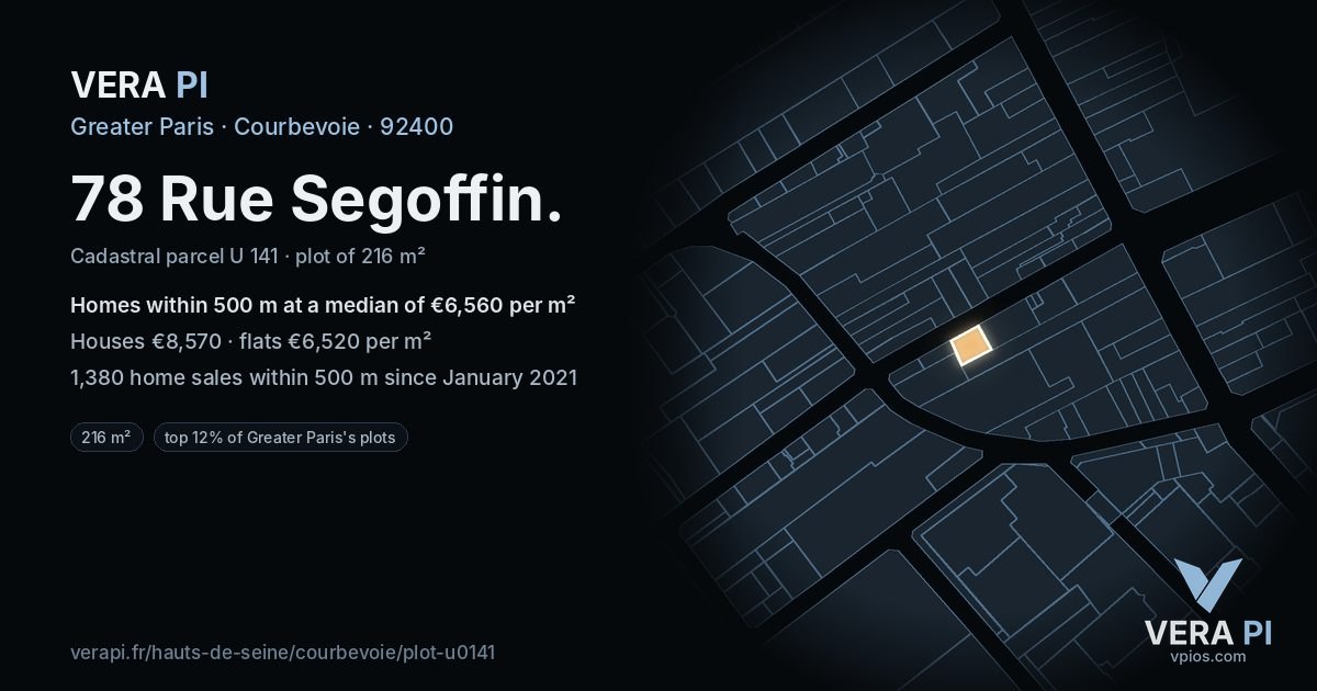 78 Rue Segoffin, Courbevoie at night – the plot lit, the parcels around coloured by the prices near them