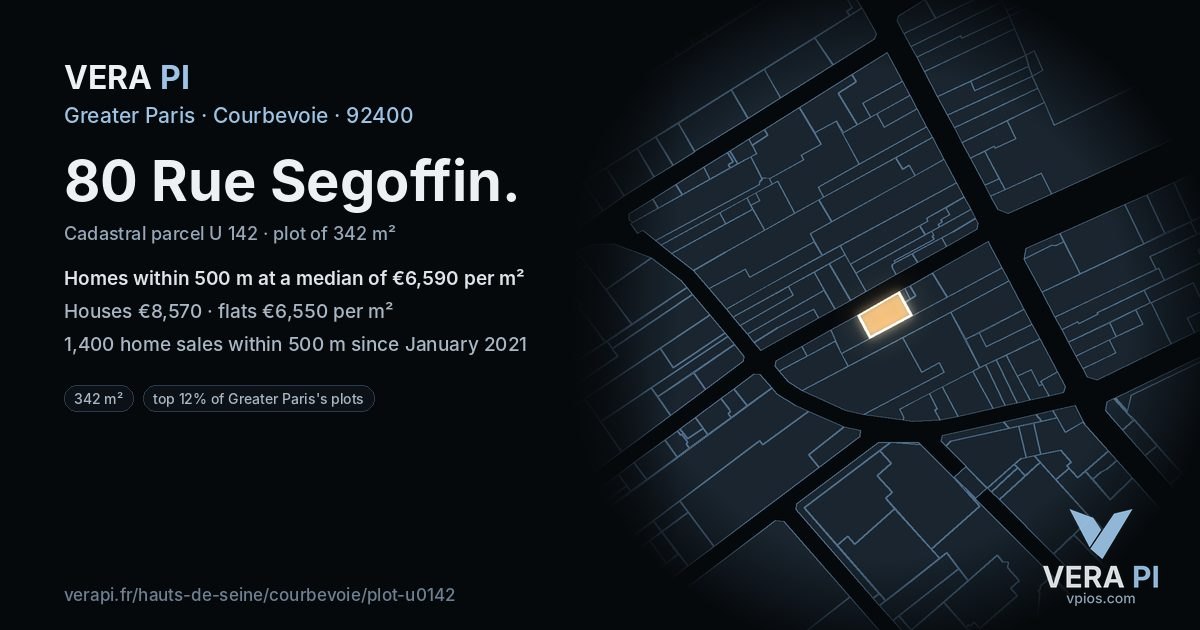 80 Rue Segoffin, Courbevoie at night – the plot lit, the parcels around coloured by the prices near them