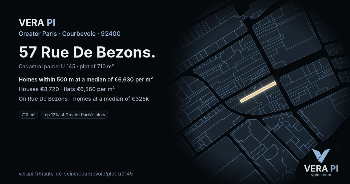 57 Rue De Bezons, Courbevoie at night – the plot lit, the parcels around coloured by the prices near them