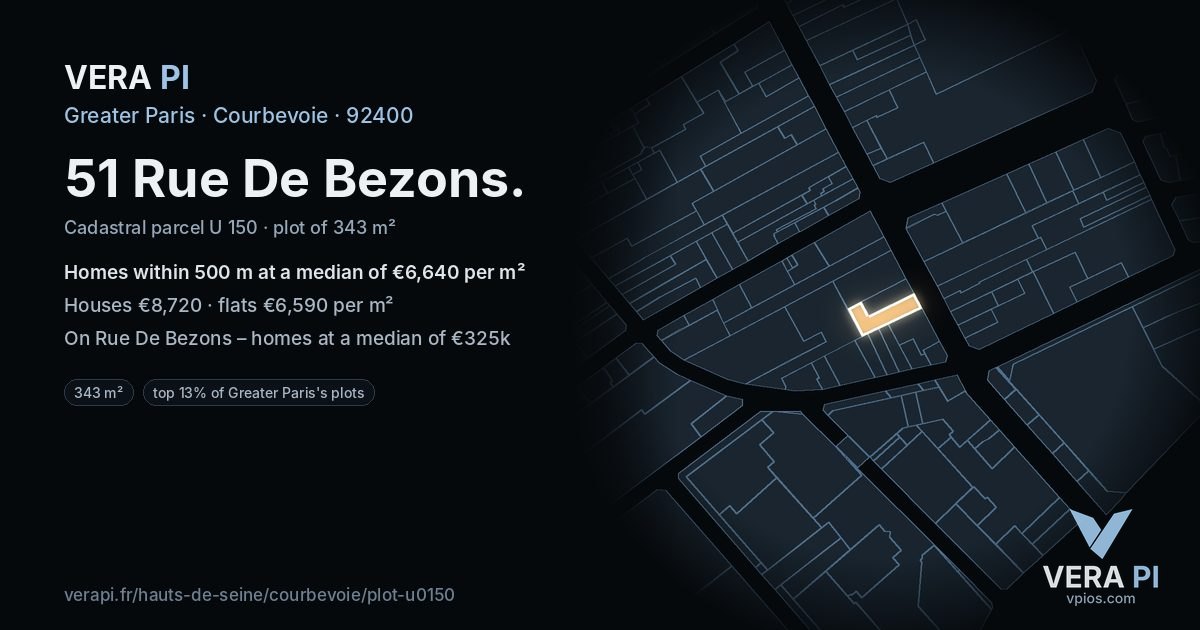 51 Rue De Bezons, Courbevoie at night – the plot lit, the parcels around coloured by the prices near them