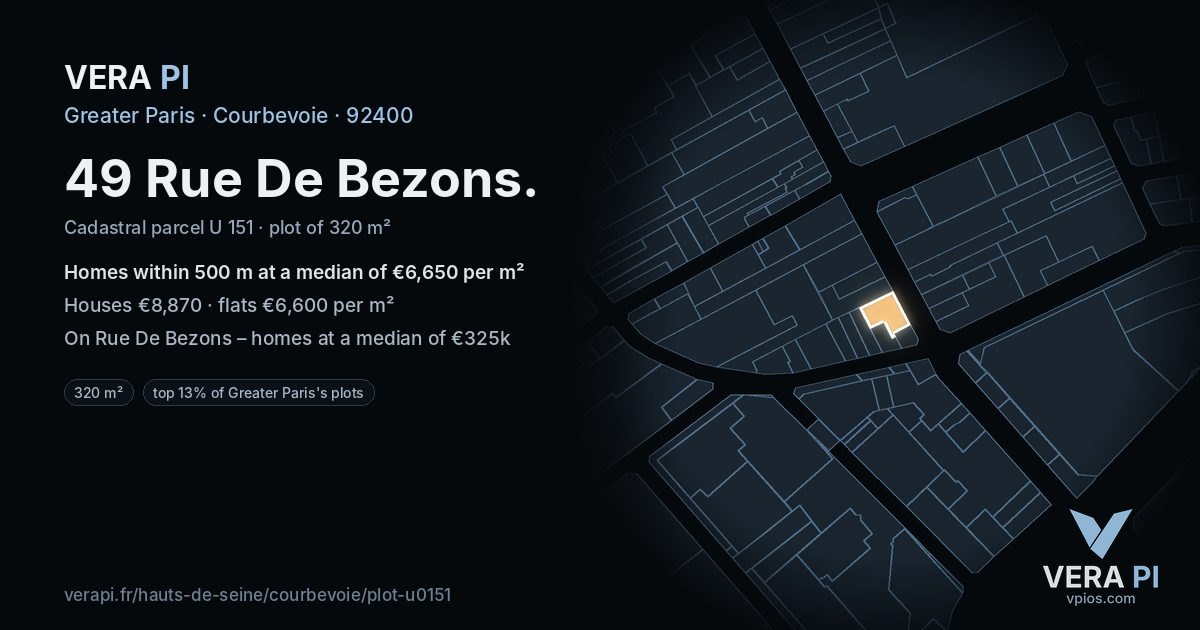 49 Rue De Bezons, Courbevoie at night – the plot lit, the parcels around coloured by the prices near them